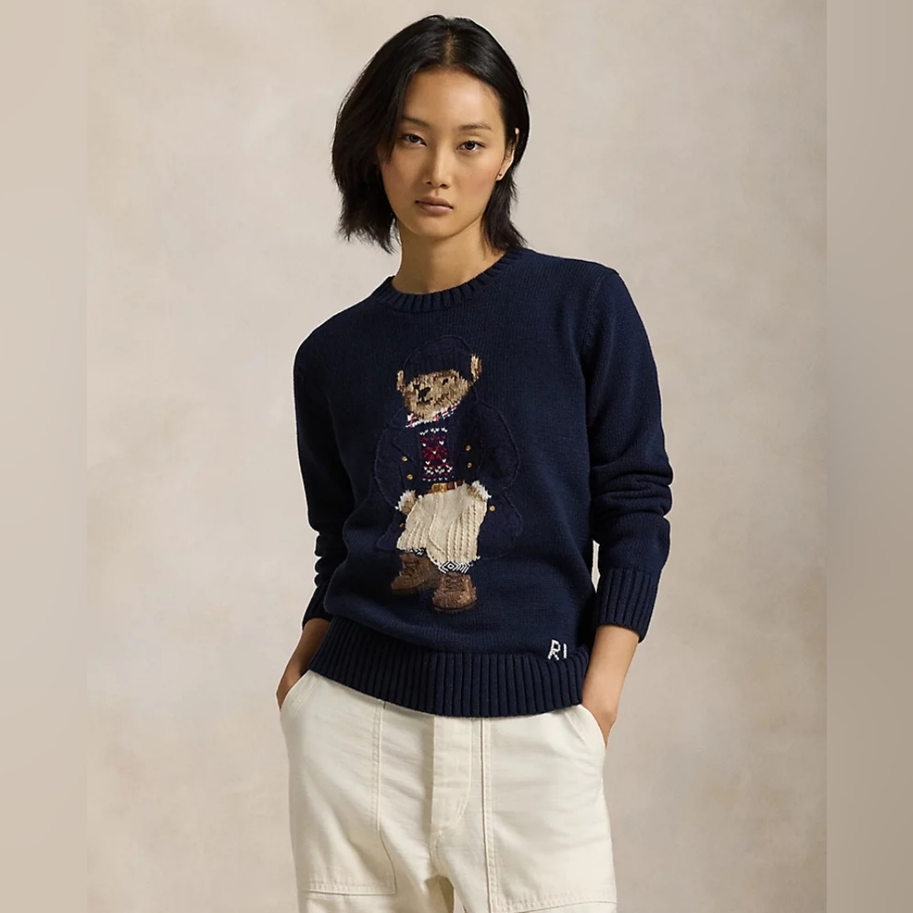 Ralph Lauren Polo Bear Cotton Crewneck Sweater In Size Large Hunter Navy Multi